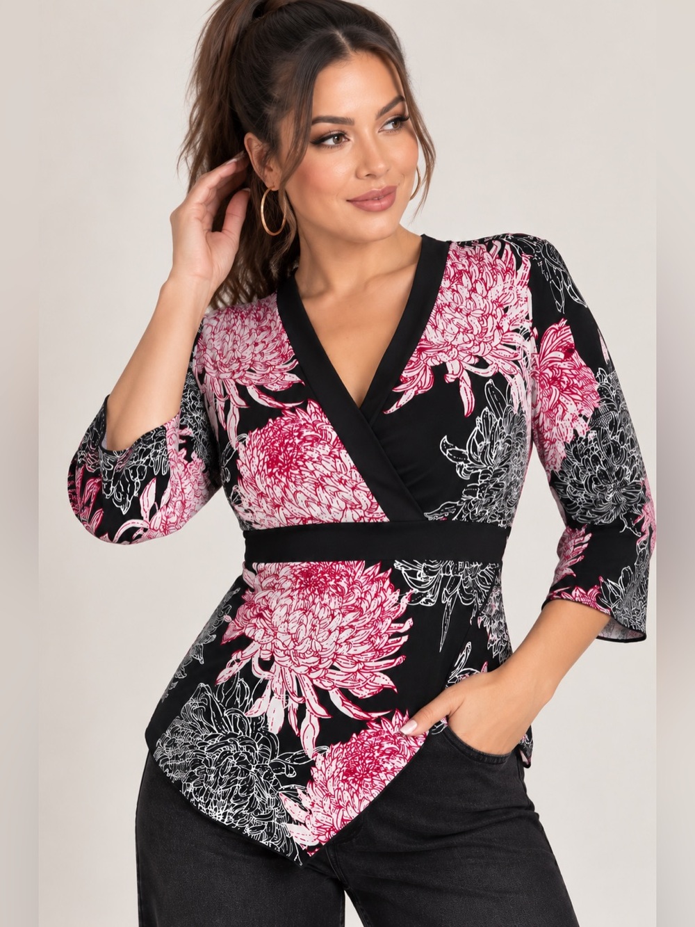I.N. Studio Black Wrap Top with Pink Floral Print